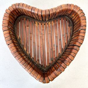Dark Wood Heart-shaped Basket Primitive Handmade‎ Handcrafted